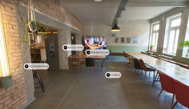 Link zur 360° Aufnahme der große Lounge und Küche im KrämerLoft Erfurt